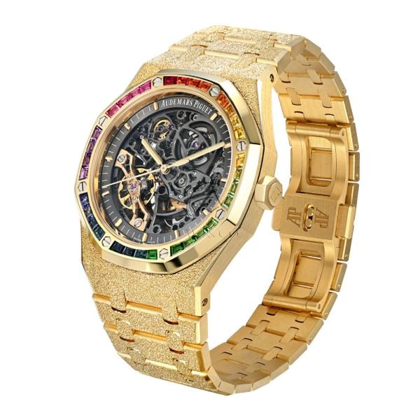Audemars Piguet Royal Oak 15412BA, Double Balance Wheel, Frosted 18K Yellow Gold, Rainbow Bezel, Openworked Dial, 41 mm - Image 3
